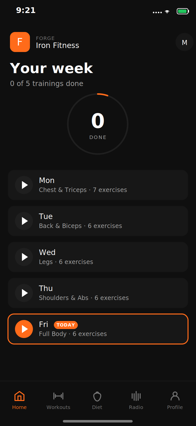 Forge mobile app — weekly home screen for Iron Fitness gym